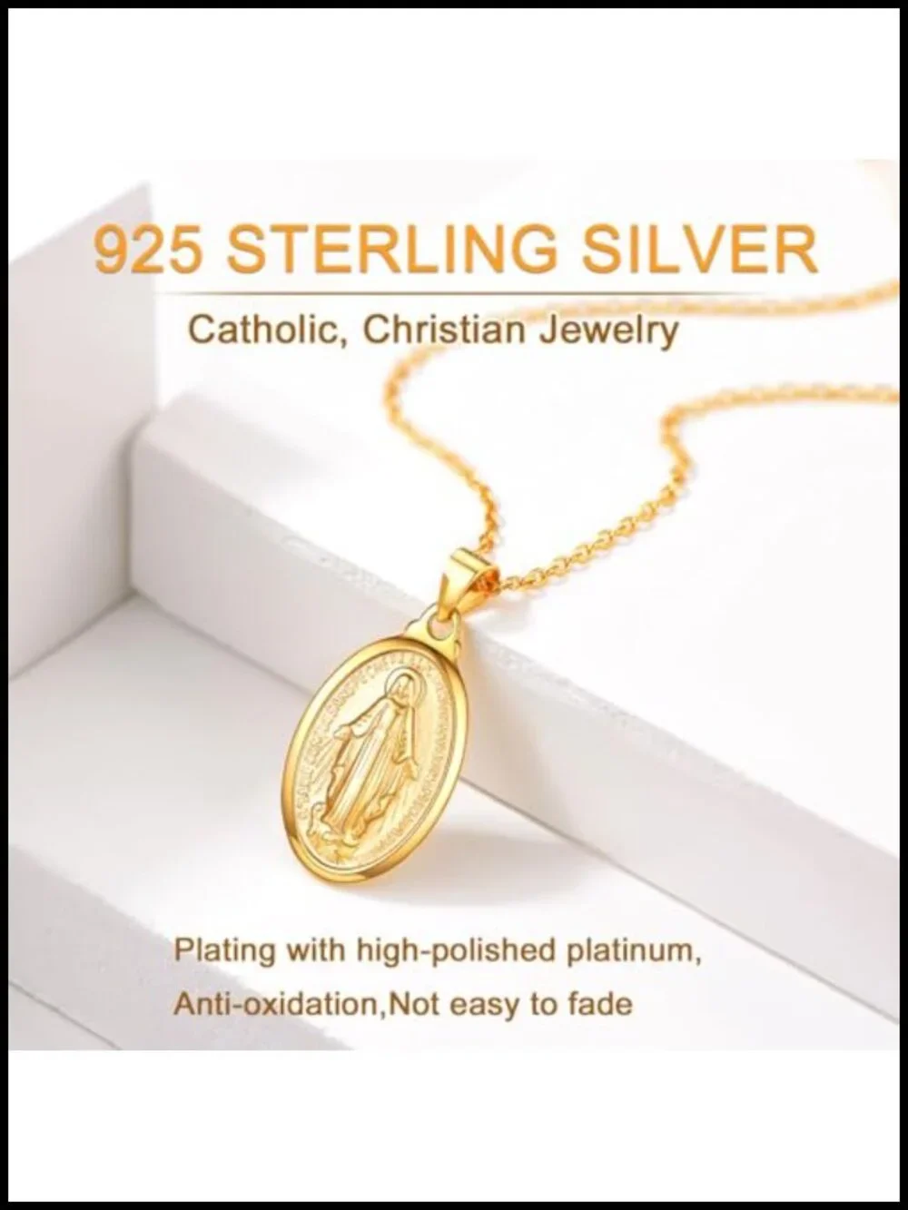 18K Gold Plated Sterling Silver Oval Virgin Mary Miraculous Medal Pendant